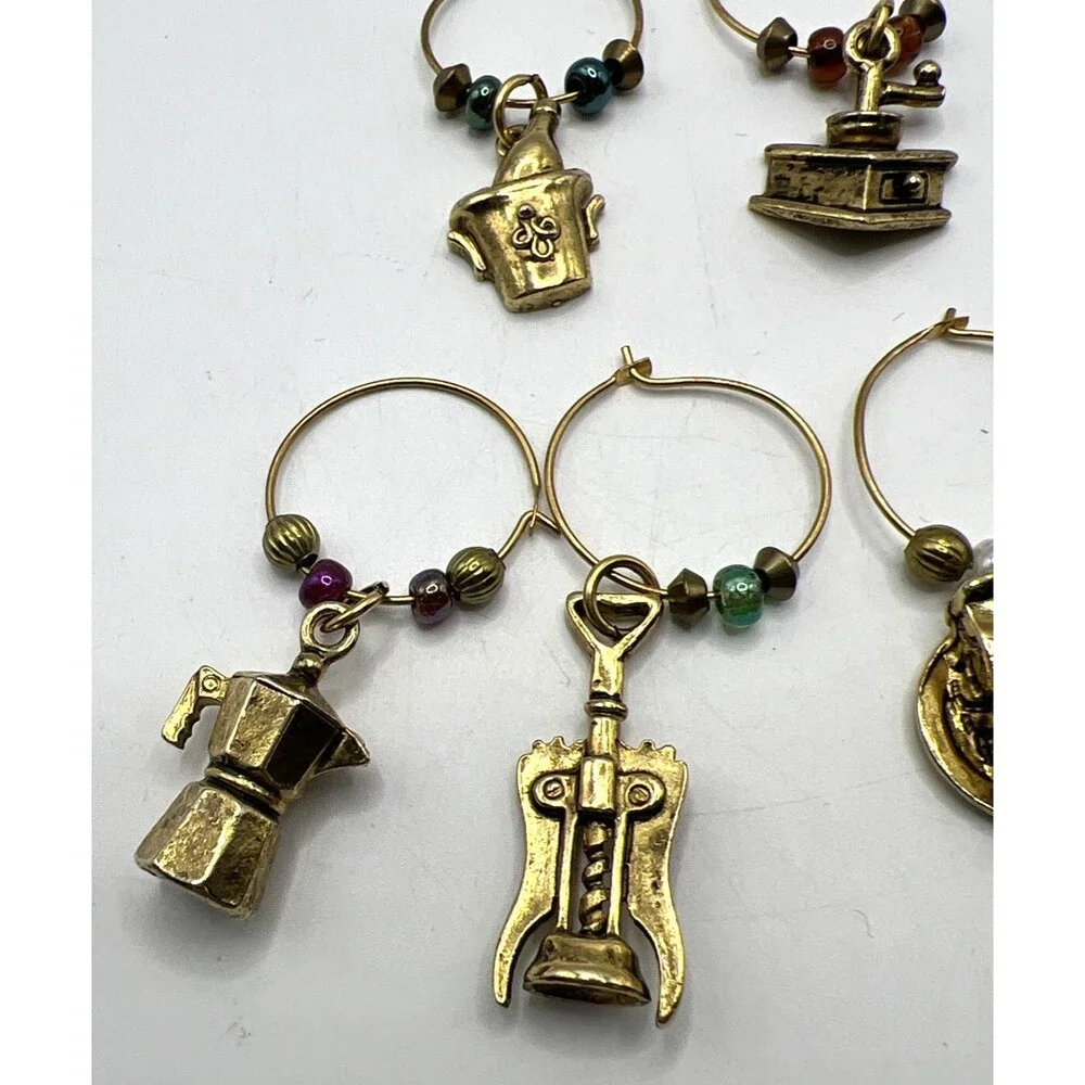 LOT of 10 Vintage Wine Glass Charms Gold Tone Metal Variety Themes